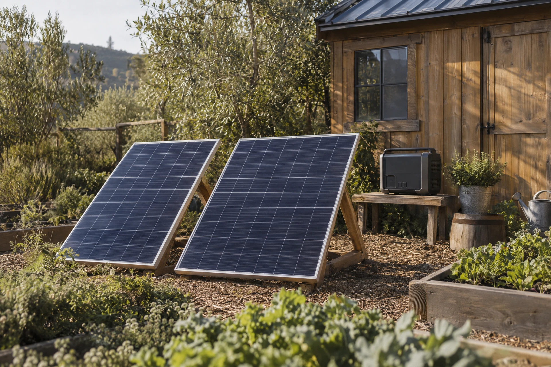 Solar panels beside a timber shed in a garden