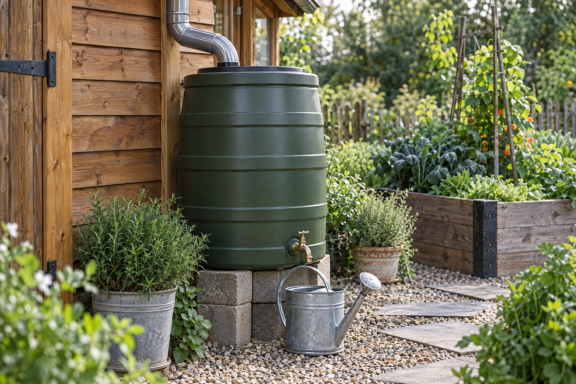 Rain barrel with a watering can beside a wooden garden shed
