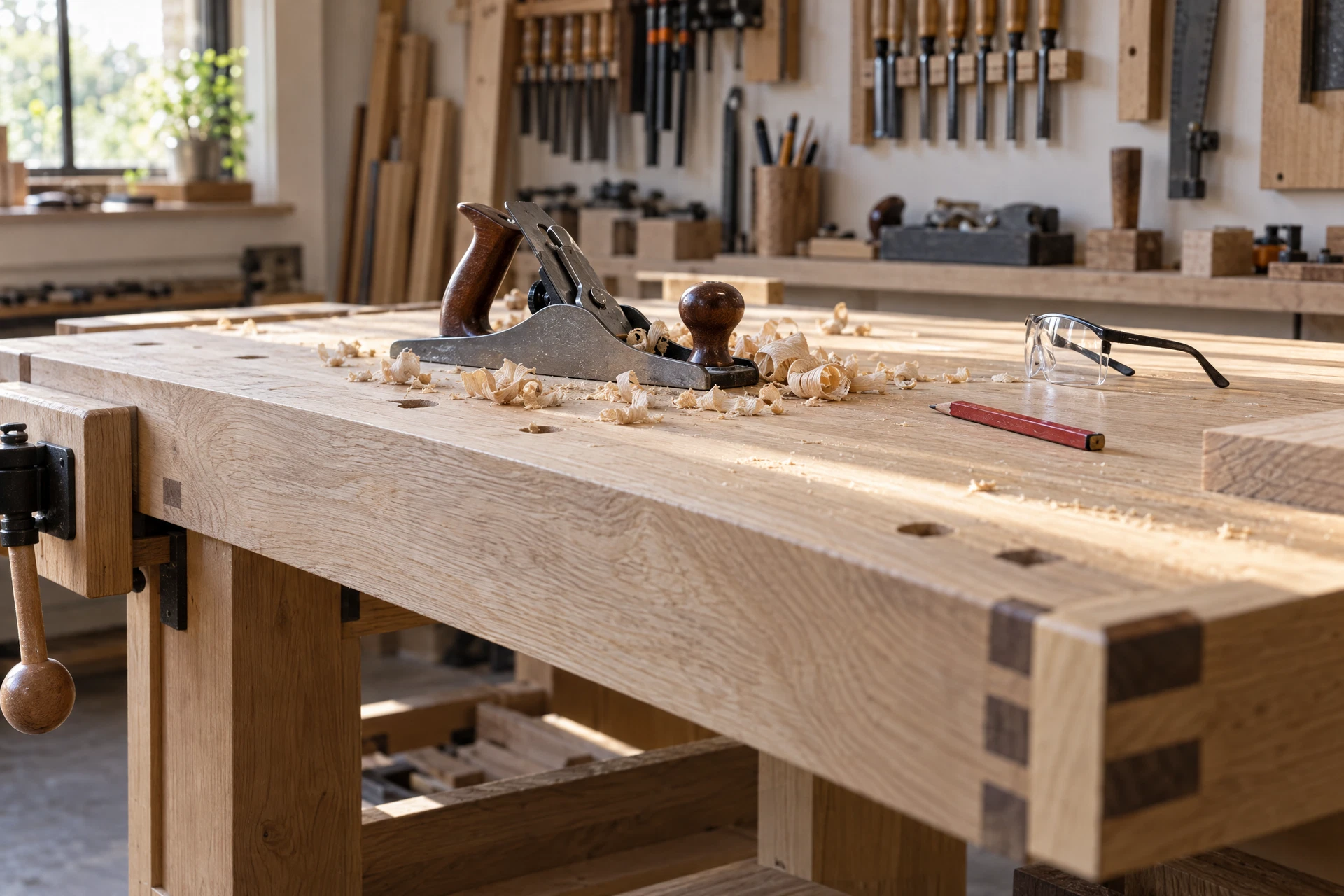 Oak workbench with a hand plane and wood shavings